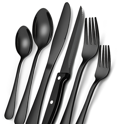 24 pcs Black Silverware Set with Steak Knives