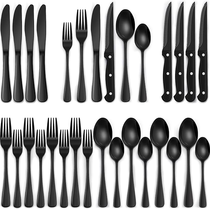 24 pcs Black Silverware Set with Steak Knives